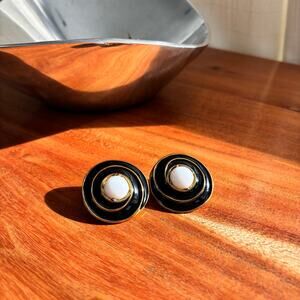 Vintage Black White Gold Enamel Large Button Post 1" Earrings Clip Ons